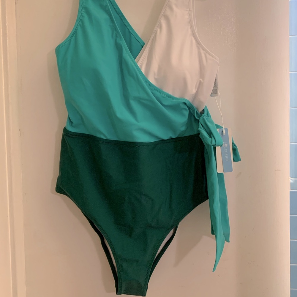 CupShe one piece green and white bathing suit